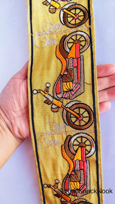Wholesale Beige Fabric trim with Embroidered Motor Bikes - Brown, Orange, Light Gold & Pink Approx 80 mm Indian Decorative Trim Craft Ribbon